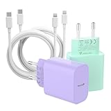 ZNBTCY 4 Pack Schnellladegerät (Hellviolett+Hellgrün) mit 2M iPhone Ladekabel (Weiß) 25W USB C Netzstecker， schnellladekabel， iPhone Netzteil， Ladeadapter für iPhone 14 Pro 13 12 11 SE XS XR X 8
