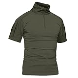 KEFITEVD T-Shirt Herren Taktisch 1/4 Reißverschluss Camouflage Shirt Ärmeltaschen mit Klett Army Uniform Flecktarn Outdoor Hemd Dunkeloliv M