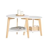 SoBuy 2er Set Beistelltisch mit runden Ablagen Couchtisch Sofatisch Kaffeetisch Wohnzimmertisch Kautschukholz Weiß/Natur FBT75-W