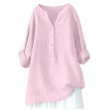 EYNMVR Musselin Bluse Damen,2025 Leinenbluse Damen Sommer Longshirt Elegant Tops Große Größen Tunika Langarm Longbluse Damen Lässig Für Leggings Blusenshirt Rosa L