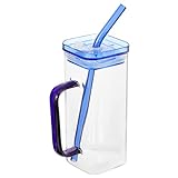 Kichvoe 1 Set Quadratischer Glasbecher Mit Griff Wasserflasche Mit Strohhalm Deckel Versiegeltes Glas Kaffeebecher Eisteebecher Oder Wassersaft Biergetränke Blau