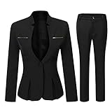 YYNUDA Anzug Set Damen Blazer mit Rock/Hose Slim Fit Hosenanzug Elegant Business Outfit für Office Schwarz+Hose L