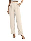 PrinStory Hosen Damen Leicht Sommerhose Damen Lässige Marlenehose Mit Taschen Legere Büro Business Hosen Mit Weitem Bein (Beige, M)