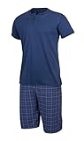 HEYO Schlafanzug Herren Kurz Pyjama aus Baumwolle Zweiteiliges Set Shorts T-Shirt (Dunkelblau Karriert, L)