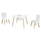 roba Kindersitzgruppe aus Holz mit Stauraum - Kindermöbel Set aus 2 Kinderstühlen & 1 Tisch - Kindertisch Set inkl. Aufbewahrungsnetz - Weiß / Natur