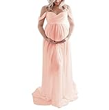 H1ING: Umstandskleid für Fotografie, schulterfrei, Chiffonkleid, geteilte Vorderseite, Maxi-Schwangerschaftskleider für Fotoshootings. Gr. Small, Pink Champagner
