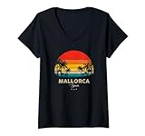 Damen Vintage Mallorca Beach Souvenir – Spanien T-Shirt mit V-Ausschnitt