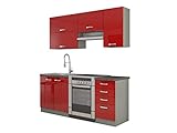 Mirjan24 Küche Multiline II, 180 cm Küchenblock/Küchenzeile mit Arbeitsplatte und Spühlbecken, 5 Schrank-Module frei kombinierbar (Grau/Rot Hochglanz)