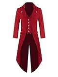 Herren Gothic Frack Steampunk Jacke Mittelalter Gehrock Mantel Viktorianischen Karneval Kostüm Cosplay Fashing Smoking, Rot, S