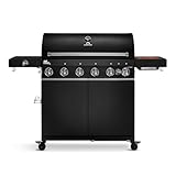BURNHARD 6-Brenner Gasgrill Fat FRED Deluxe BLACK Series 3 inkl. Backburner, 900°C Infrarot-Keramikbrennern, Seitenkochfeld, Edelstahl-Grillrost, Grillabdeckung, Grillwagen, klappbare S