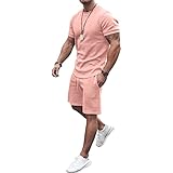 amropi Herren Sportanzug Jogginganzug 2 Teile Sommer Trainingsanzug Kurzarm Kleidung Set Rosa,4XL