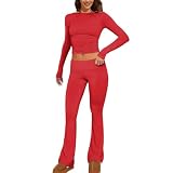 Briskorry Zweiteiler Damen Lounge Set Y2K Langarm Crop Top mit Low Rise Flare Pants Slim Fit Trainingsanzug Jogger Anzug Yoga Outfit Rundhals Loungewear Schlafanzug