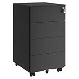 SONGMICS Schubladenschrank, Rollcontainer, mobiler Aktenschrank, Metallschrank, Druckertisch, abschließbar, 4 Schubladen, vormontiert, Büro, Homeoffice, 45 x 39 x 69 cm, tintenschwarz OFC064B16