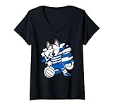 Damen Dabbing Husky Dog Greece Volleyball Fans Trikot griechischer Sport T-Shirt mit V-Ausschnitt