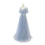 Lange A-Linie Tüll Kurze Ärmeln Abendkleider for Frauen Schnürung Pearls Formale Party Kleid Prom Kleider (Color : Light Blue, US Size : 6)