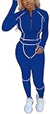 Zwei Outfits, bedruckte Linie, langes Stück, Damen-Trainingsanzug, mit Reißverschluss, Oberteil, Ärmel und figurbetonte Hose, Trainingsanzug, 5-blau, 42
