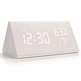 NBPOWER Wecker Digital LED Digitale Uhr Holz,Digitalwecker Tischuhr mit Sprachsteuerung/Snooze/Datum/Temperatur und Luftfeuchtigkeit, für Nachttisch, Schlafzimmer, Nacht Kinder und Büro- Weiß