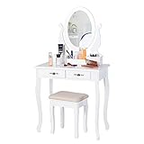 EPHEX Schminktisch mit Spiegel und Hocker, Kosmetiktisch mit Schubladen und Kosmetik Aufbewahrung Organizer, Frisiertisch Make-up Tisch Schminktisch-Set, weiß, 75 x 40 cm