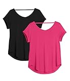 icyzone Damen Rückenfrei Yoga T-Shirt Kurzarm Sport Freizeit Tops Lose V-Ausschnitt Shirt, 2er Pack (M, Schwarz/Pink Lychee)