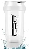 Eiweiss Shaker mit Pulverfach für cremige, klumpenfreie Shakes, Protein Shaker, auslaufsicher und BPA frei mit Skala, FSA Nutrition - Weiß