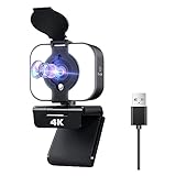JISKGH Webcam, USB Webcam mit Mikrofon Sicht Schutz 4K UHD Integriertes Licht Streaming Webcams für PC, Laptop