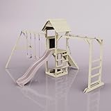 Rebo Klettergerüst aus Holz mit Wellenrutsche | Outdoor Spielturm mit Doppel-Kinderschaukel, Hangelstangen, Plattform und Kletterseil
