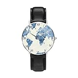 Weltkarte, personalisierte individuelle Uhr, lässig, schwarzes Lederarmband, Armbanduhr für Damen, Unisex-Uhren, Schwarz