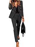 Minetom Damen Zweiteiliger Anzug Set Revers Business Büro Formal Blazer Langarm Anzugjacke Hosenanzug Slim Fit Hose 2 Stück A Schwarz 36