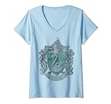 Damen Harry Potter Distressed Slytherin Crest T-Shirt mit V-Ausschnitt