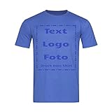 Kinder T-Shirt Bedrucken Lassen. Fotorealistischer Druck vorne/hinten selber gestalten. T-Shirts für Mädchen & Jungen. Bio & Ökotex-100 Zertifiziert | Personalisiert (blau, 110-116)