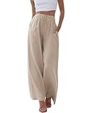 Cegerne Damen Leinenhose Lang Leicht Sommerhose Loose Fit Casual Locker Stoffhose Weite Beine Palazzo Hose mit Taschen, Khaki, L