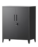 LVSTEEL Aktenschrank, abschließbarer Mehrzweckschrank mit 2 höhenverstellbaren Einlegeböden, Stahl-Büroschrank mit 2 Türen, Schwarz, 100×80×40