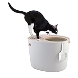 Iris Ohyama, Katzentoilette hop in / Katzenklo oben einstieg mit gerilltem Deckelkeine Verbreitung von Geruch und Streu, Schaufel inkl.für Katze - Cat Litter Box Jump-in PUNT-530, Weiß
