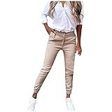 Damen Cropped Hose Stretch Chino Freizeithose Große Größen Elegant Stoffhose für Frauen Damen Casual Loose Bequem Sweatpant Jogginghose Trainingshose Sporthose Yogahose 7/8 Hose Sommer Chino Beige