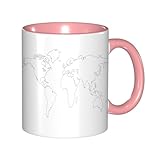 EKLMPS Becher aus Keramik, Ideal als Geschenk, Hochwertiger Aufdruck, Tasse mit Motiv, Tee Becher, Coffee Cup, 330ml,Simplistisches Design der Weltkarte mit Umrissen und dünnen schwarzen Linien,