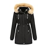 YFFUSHI Wintermantel Damen Warm Dicker Winterparka mit Fellkapuze Fell Kapuze Outdoor Jacke Mantel Oversized für Winter,Schwarz,M