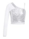 Miaeowve Kinder Mädchen Pailletten Shirt Kurz Oberteil Glänzend Party Top EIN Ärmel Mesh Patchwork Tanzkleidung Party Bühnenauftritt Performance Kostüm Silber 134-140