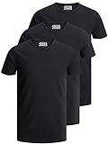 JACK & JONES 3er Pack Herren T-Shirt Basic mit Rundhals einfarbig Slim Fit in weiß schwarz blau grau (XL, 3er Pack schwarz)