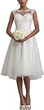 HUINI Hochzeitskleider Kurz A-Linie Damen Brautmode Vintage Groß Größen Brautkleider Umstand Spitzenkleider Ärmellos Weiß 36