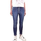 Jewelly Damen Stretch Jeans| Boyfriend Hose mit sichtbarer Knopfleiste| Casual Denim Pants (Denim Blau, XL)