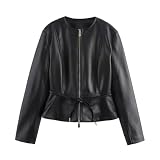 ERFMFKL Damen-Lederjacke mit Rüschen, Rundhalsausschnitt, langärmelig, Reißverschluss vorne, dünner Gürtel, Oberbekleidung, Schwarz , S
