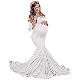 WDYD Schwangerschaftskleider Umstandskleid Fotoshooting Schwangerschaftskleid Lang Damen Off Shoulder Elegant(Size:XL,Color:Weiß)