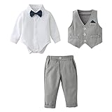 Baby Jungen Bekleidungsset Anzug, Kleinkind Gentleman Langarm Strampler Hemd + Hose + Weste + Fliege Festliche Taufe Hochzeit (Grau, 12-18 Monate)