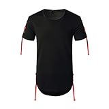 Herren-T-Shirt, mit Kordelzug, einfarbig, kurzärmelig, Rundhalsausschnitt, mittellang, leger, kreativer Sport-Pullover, Sweatshirt, Schwarz , XL