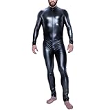 Moinha Herren Wetlook Catsuit Sexy Lackleder Body Jumpsuit Eng Männerbody Erotische Ganzkörper Anzug Trikot Leotards mit Reißverschluss Lederoptik Unterhemd Party Nachtclub Kostüm Body