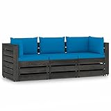 BaraSh 3-Sitzer Outdoor-Sofa mit Kissen Grau Imprägniertes Kiefernholz TerrassenbäNke BäNke Baumbank