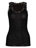 CALIDA Damen Unterhemd Richesse Lace, schwarz aus Schurwolle und Seide, mit Rundhalsausschnitt und leichtem Wellensaum, Größe: 48/50