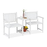Relaxdays Gartenbank mit integriertem Tisch, 2-Sitzer, robuste Holz Sitzbank, HBT: 86x161x61 cm, Garten & Balkon, weiß