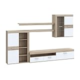 FORTE Zumba Wohnwand mit 2 Türen, 1 Glastür, 2 Schubladen und 1 Klappe, Holzwerkstoff, Sonoma Eiche / Weiß 41 x 300 x 200,9