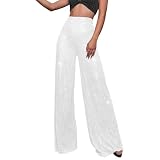 CreoQIJI Pailletten Hose Damen Gold-Silber Hose Lang Glitzer Hose Lang High Waist Baggy Jogginghose Weites Bein Sommerhose Locker Weite Hose Große Größen Paillettenhose Büro Pants Glitzer H
